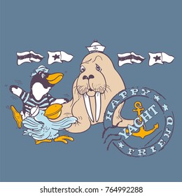 Walrus, penguin and seagull