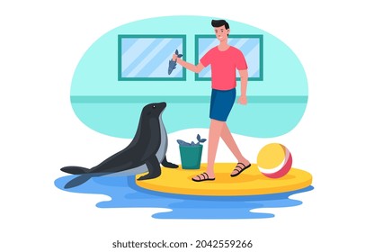 Walrus actúa en el concepto de delfinario. El hombre alimenta peces con animales para un espectáculo bien dirigido. Entrenador y animal salvaje en piscina. Ilustración vectorial plana moderna de dibujos animados aislada sobre fondo blanco