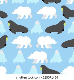 Walrus and polar bear seamless pattern. Background of Nordic animals and iceberg. Arctic animal. Ornament for tissue from beast of Alaska.