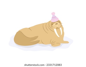 Walrus in pompon hat. Vector cute isolated illustration.