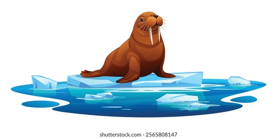 Walrus relaxing on a floating ice platform surrounded by icy waters. Vector cartoon illustration