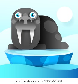 Walrus Rests On An Ice Floe-vector Illustration. Antarctic Continent
