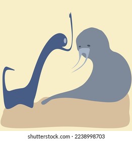 Walrus sad, silhouette abstract and fantastic blue animal with a big mustache.
