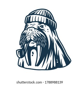 Walrus in a sailor cap with smoking pipe. Nautical marine element for logo and print design