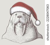 Walrus Santa Hat Vector Illustration Tshirt Design Logo Icon Christmas Greeting Card