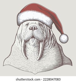 Walrus Santa Hat Vector Illustration Tshirt Design Logo Icon Christmas Greeting Card
