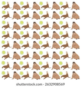 walrus, seal with fruit as a pattern background