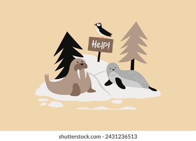 Walrus, Seal and Puffin with Sign On Iceberg Vector Illustration