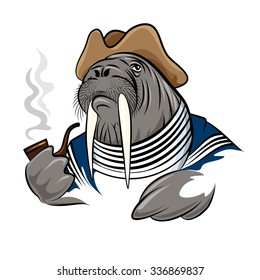 Walrus in seamans clothes with smoking pipe. Illustration in cartoon style.