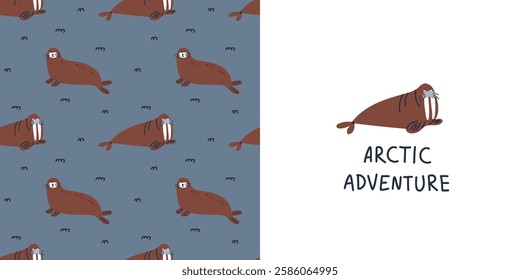 Walrus seamless pattern. Arctic animal background, northern cute inhabitant. Decor textile, wrapping paper, wallpaper. Print for fabric. Baby cute design Vector cartoon flat isolated illustration