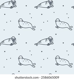 Walrus seamless pattern. Arctic animal background, northern cute inhabitant. Decor textile, wrapping paper, wallpaper. Print for fabric. Baby cute design Vector cartoon flat isolated illustration