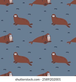 Walrus seamless pattern. Arctic animal background, northern cute inhabitant. Decor textile, wrapping paper, wallpaper. Print for fabric. Baby cute design Vector cartoon flat isolated illustration