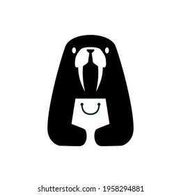 walrus shopping bag shop store negative space logo vector icon illustration
