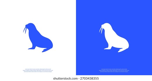 Icono de silueta de morsa. Diseño plano simple y limpio, aislado sobre fondo azul. Plantilla animal moderna perfecta para el logotipo, App, Web y diseño de interfaz de usuario. Ilustración vectorial.