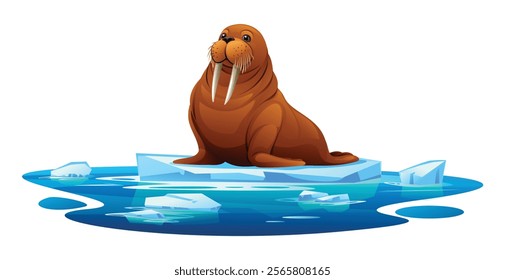 Walrus sitting on a floating ice platform surrounded by icy waters. Vector cartoon illustration