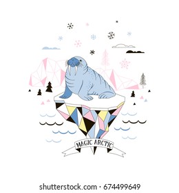walrus sitting on iceberg, magic Arctic, scandinavian style