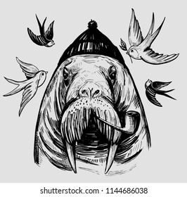 Walrus with swallow. Hand drawn ink  illustration for print or tattoo