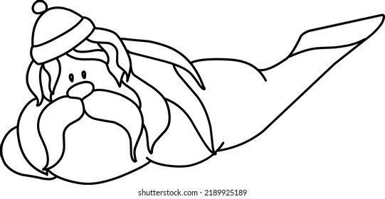 Walrus in a warm hat illustration. Hand-drawn doodles illustration.
Line art. Icon