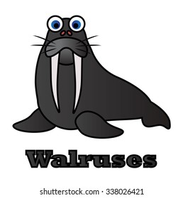 walruses vector cartoon, cute aquatic animals, Coloring Book or Page Cartoon Illustration for Children
