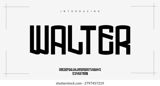 Walter font is A bold condensed font. Strong masculine display sans typeface with tall sharp cuts for athletic and industrial logos.
