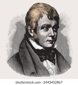 Walter Scott, famous Scottish novelist, poet and historian, colored vectored illustration from old engraving from 19th century