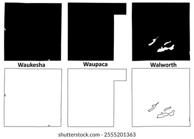 Walworth, Waupaca and Waukesha County, State of Wisconsin (U.S. county, United States of America, US) map vector illustration, scribble sketch map