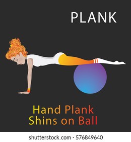 Waman doing sport exercising, plank position on fitness ball. Isolate background. Hand plank