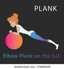 Waman doing sport exercising, plank position on fitness ball. Isolate background. Elbow plank