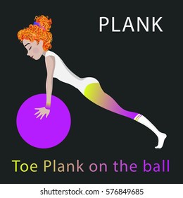 Waman doing sport exercising, plank position on fitness ball. Isolate background. 