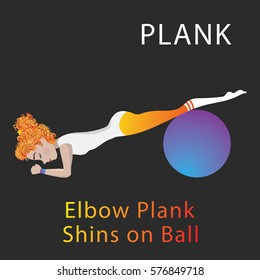 Waman doing sport exercising, plank position on fitness ball. Isolate background. Elbow plank