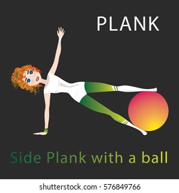 Waman doing sport exercising, plank position on fitness ball. Isolate background. Side plank