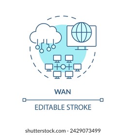 Wan connection type soft blue concept icon. Business network digital infrastructure. System servers management. Round shape line illustration. Abstract idea. Graphic design. Easy to use