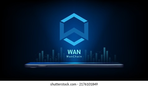 WanChain crypto currency token symbol come out from smartphone. Coin icon on dark background. Trading cryptocurrency in stock market on application. For website or banner. Vector illustrator.