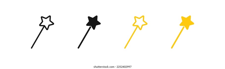 Wand icon. Magic stick symbol. Fairy signs. Star symbols. Miracle tool icons. Black and yellow color. Vector isolated sign.