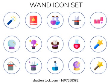 wand icon set. 15 flat wand icons.  Simple modern icons such as: magic wand, magic ball, tale, magic, potions, potion, trick, hat, magician