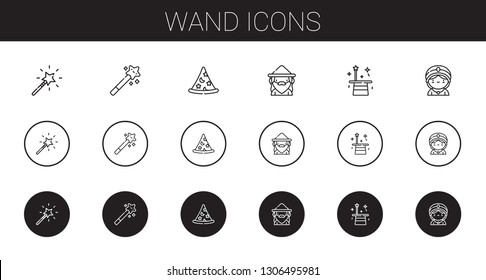 wand icons set. Collection of wand with magic wand, wizard, magician, seer. Editable and scalable icons.