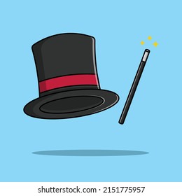 Wand And Magic Hat Cartoon Vector Icon Illustration. Object Icon Concept Isolated Premium Vector.