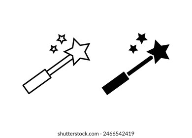 Plantilla de Vector de ícono de varita mágica. Icono de Vector de mago de varita mágica - movimiento con estrellas en blanco y negro ilustración.