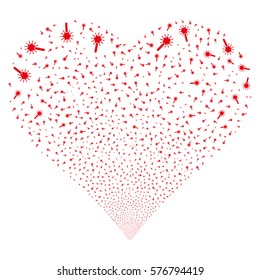 Wand Magic Tool fireworks with heart shape. Vector illustration style is flat red iconic symbols on a white background. Object heart organized from confetti icons.