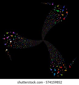 Wand Magic Tool fireworks swirl rotation. Vector illustration style is flat bright multicolored iconic symbols on a black background. Object whirl organized from random pictographs.