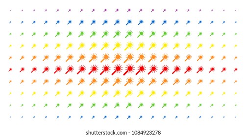 Wand magic tool icon spectral halftone pattern. Vector wand magic tool items are arranged into halftone array with vertical spectrum gradient. Constructed for backgrounds, covers,