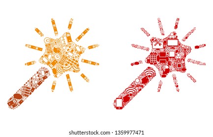Wand Magic Tool mosaic icons created for bigdata illustrations. Vector wand magic tool mosaics are combined from computer, calculator, connections, wi-fi, network icons into abstract illustration.