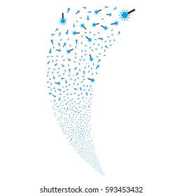 Wand Magic Tool random fireworks stream. Vector illustration style is flat blue and gray iconic symbols on a white background. Object fountain made from scattered design elements.