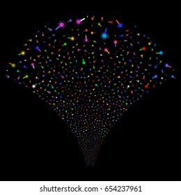 Wand Magic Tool salute stream. Vector illustration style is flat bright multicolored iconic symbols on a black background. Object stream fountain organized from random pictographs.