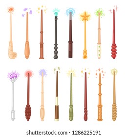 Wand vector magic stick miracle fantasy magician wizard object illustration magical set of fairytale shiny symbol with star isolated on white background