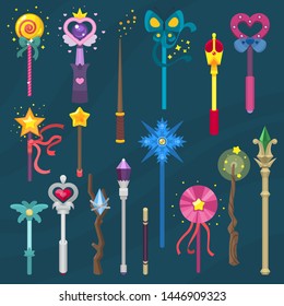 Wand vector magic stick miracle fantasy magician princess wizard object illustration magical set of fairytale symbol with star isolated on background