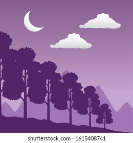 wandelust forest landscape with crescent moon scene vector illustration