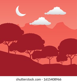 wandelust forest landscape with crescent moon scene vector illustration