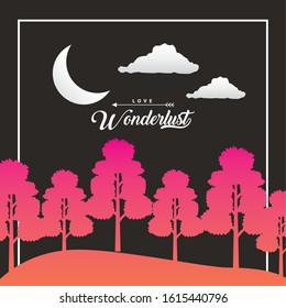 wandelust forest landscape with crescent moon scene vector illustration