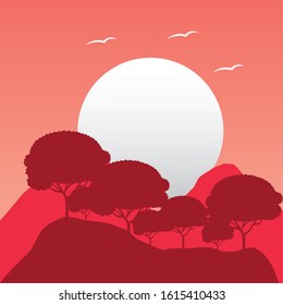 wandelust forest landscape with full moon scene vector illustration design